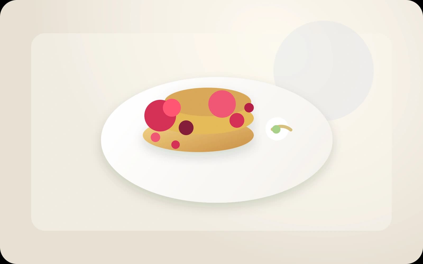 Locker gestapelte Quark-Pancakes mit Beeren und wenig, sauber gesetztem Joghurt-Topping.